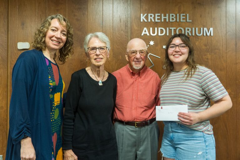 From left, Rachel Epp Buller, Vivian Leupp, Ron Leupp and April Powls, just outside Krehbiel Auditorium