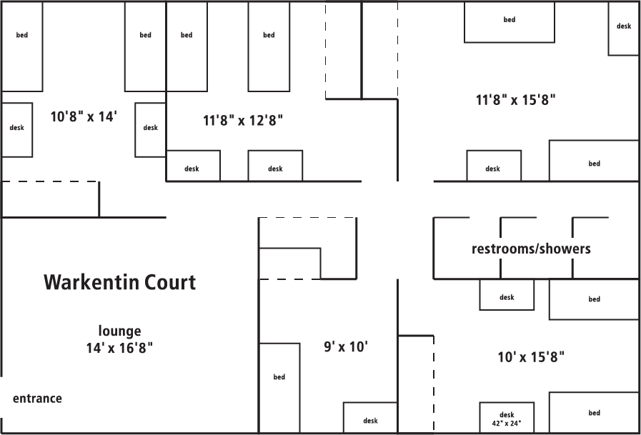 Graphical representation of the layout of the Warkentin Court residence hall.