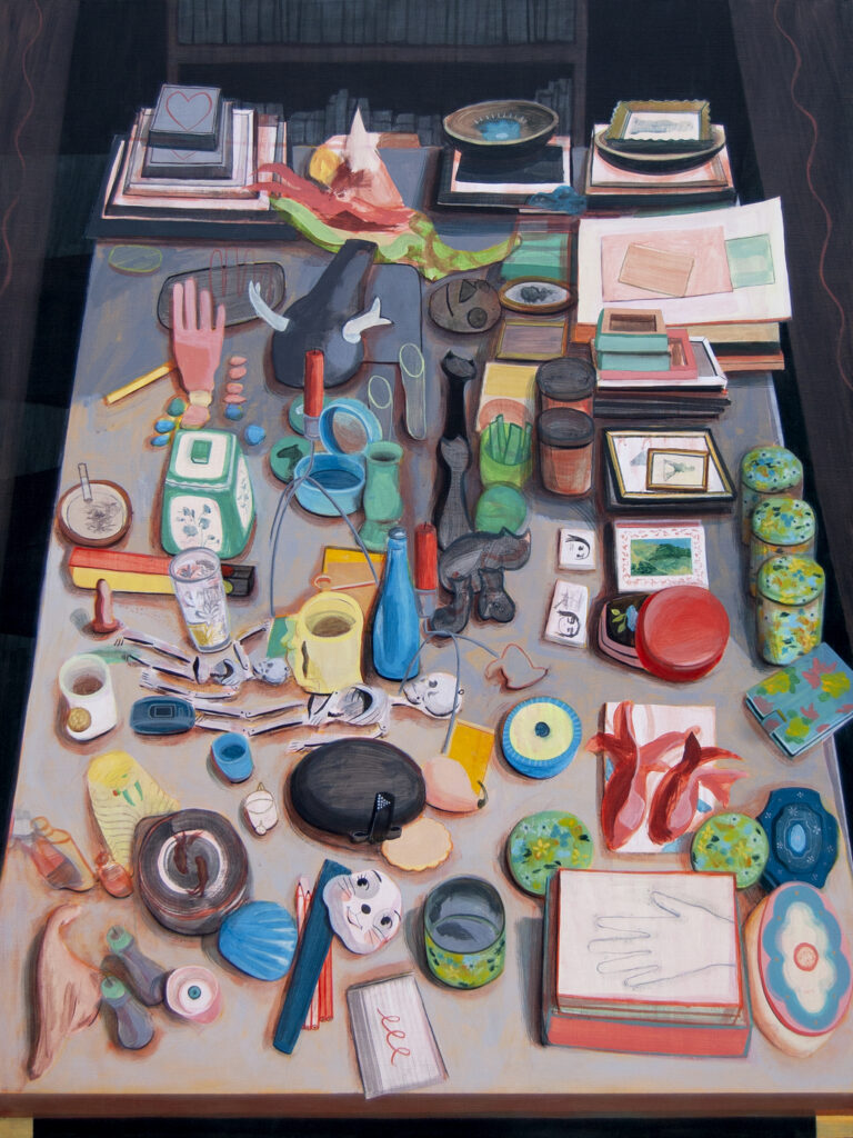 Jordan Buschur's acrylic painting, showing many different objects on a tabletop