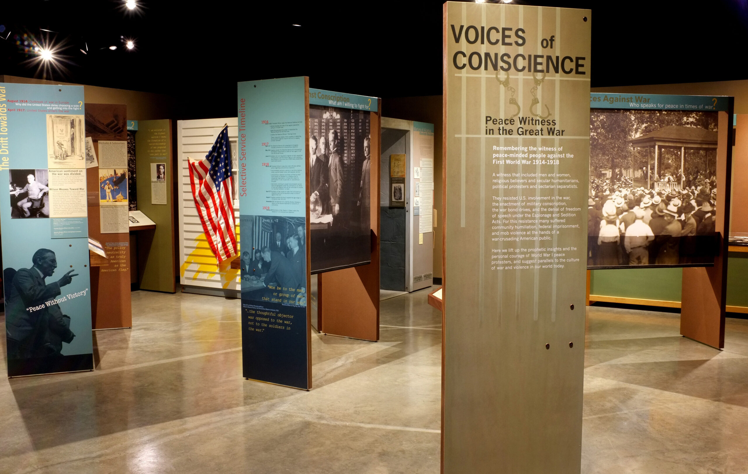 Looking into the exhibit "Voices of Conscience"
