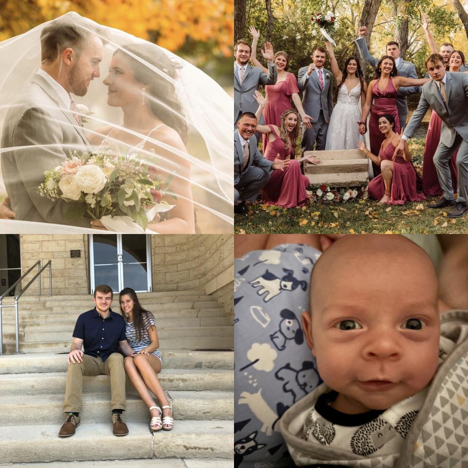 Photo montage of Zach Esau & Mia Loganbill that includes wedding photo, baby photo and Zach & Mia on the Ad Building steps