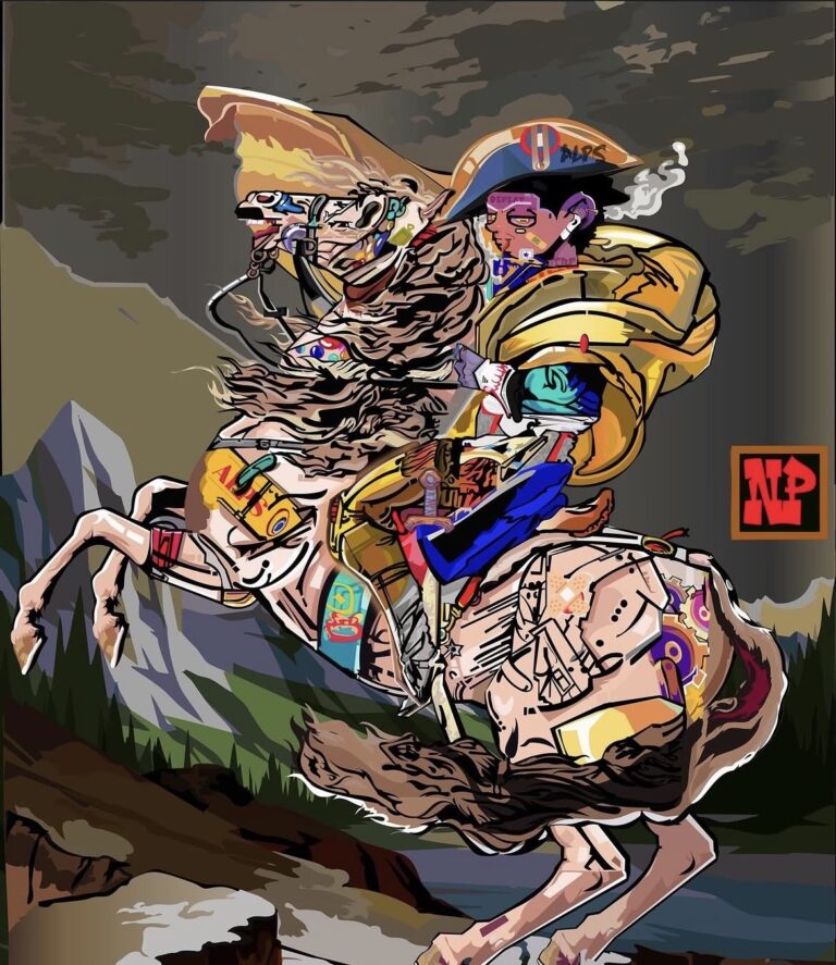 A graphic rendition of the famous Jacques-Louis David painting "Napoleon Crossing the Alps" -- General Napoleon Bonaparte on a rearing horse, pointing ahead