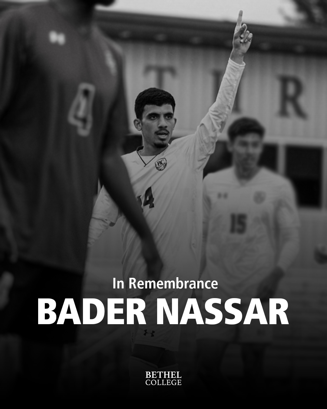 Graphic of young man with dark hair and eyes and a short beard in white soccer uniform, with arm raised, and the words "In Remembrance, Bader Nassar"